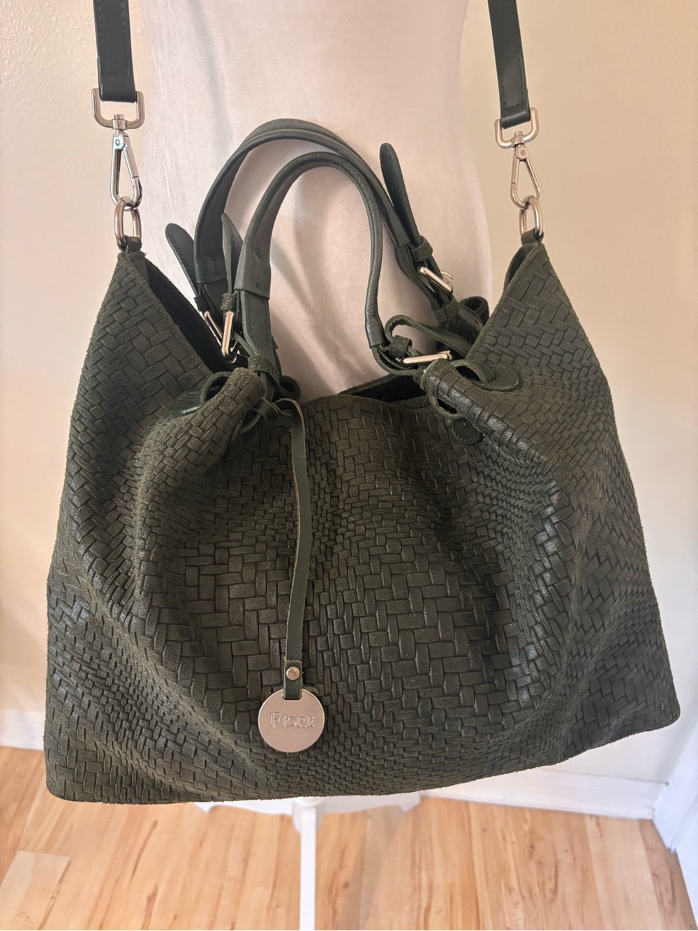 Valentina Fiore Green Large Braided Woven Genuine Leather Handbag Purse Italy